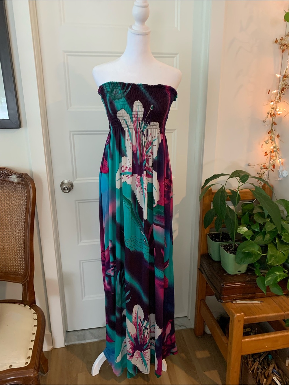 Candy Couture , Strapless Tropical Floral Maxi Dress in Teal & Purple
